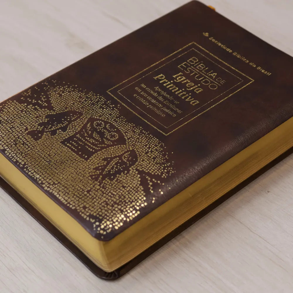 Bíblia de Estudo Igreja Primitiva NAA Capa Luxo Marrom Lateral