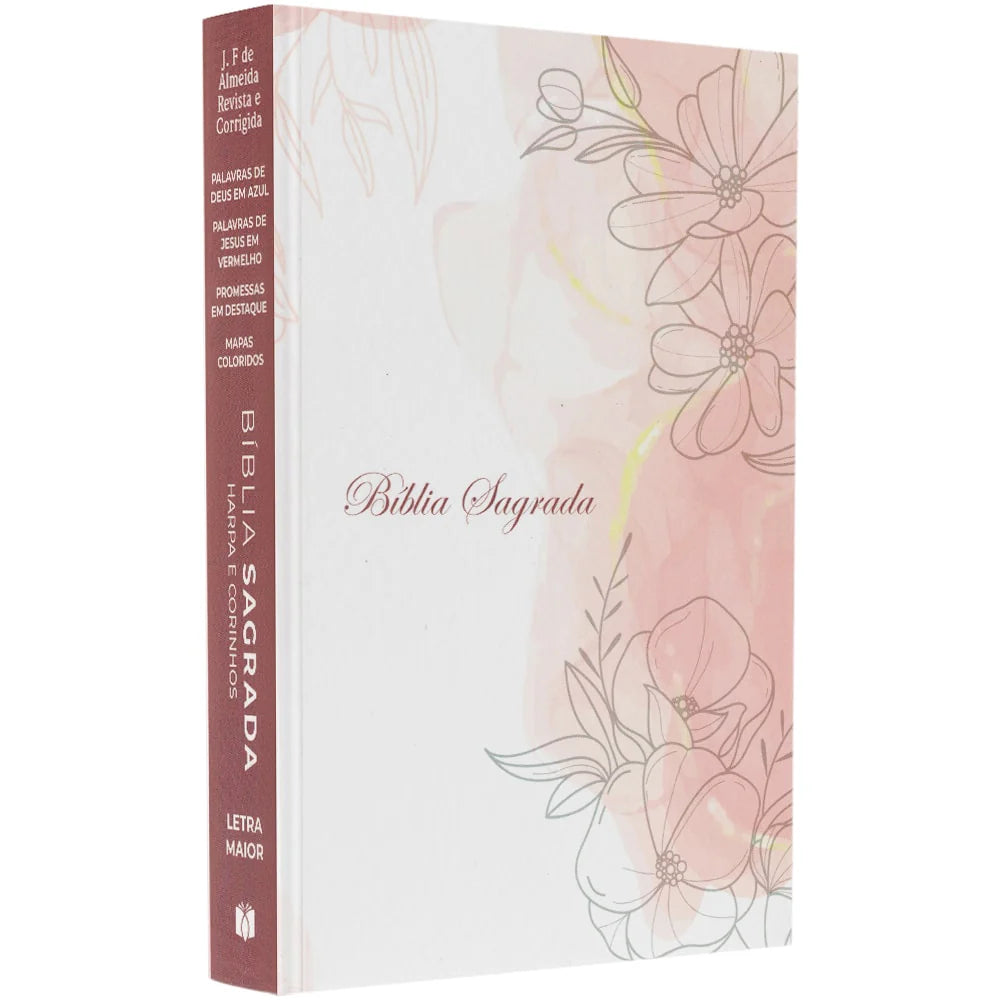 Bíblia Floral Rosa ARC Letra Maior Harpa e Corinhos Capa Brochura